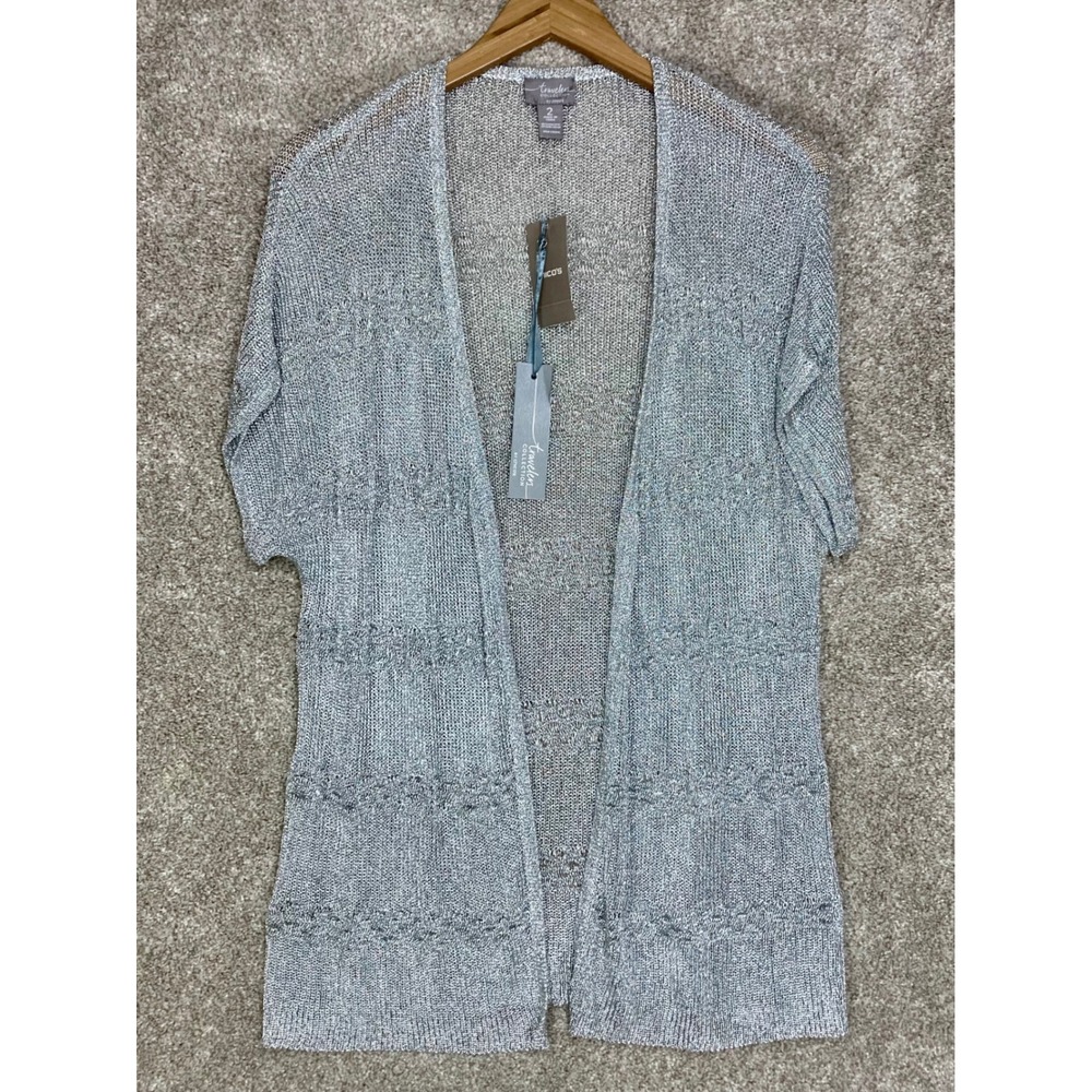 Chico's Travelers Glitz Cardigan Sweater Women 2 Silver Metallic Open Front NWT